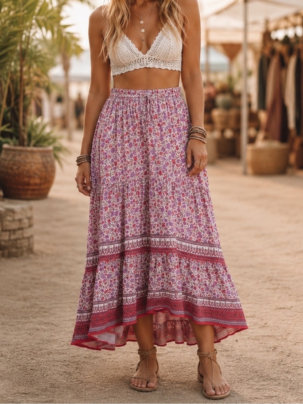 Knox Rose Boho Floral Tiered High-low Maxi Ruffle Skirt XL Peasant Western